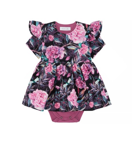 Body z sukienką ze skrzydełkami w peonie, krótki rękaw