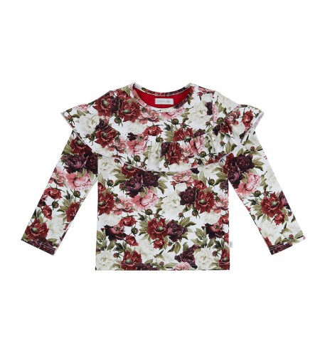 Bluzka z falbanką, długi rękaw, czerwone kwiaty