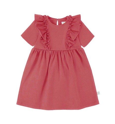 Sukienka koralowa z krótkim rękawem z falbankami